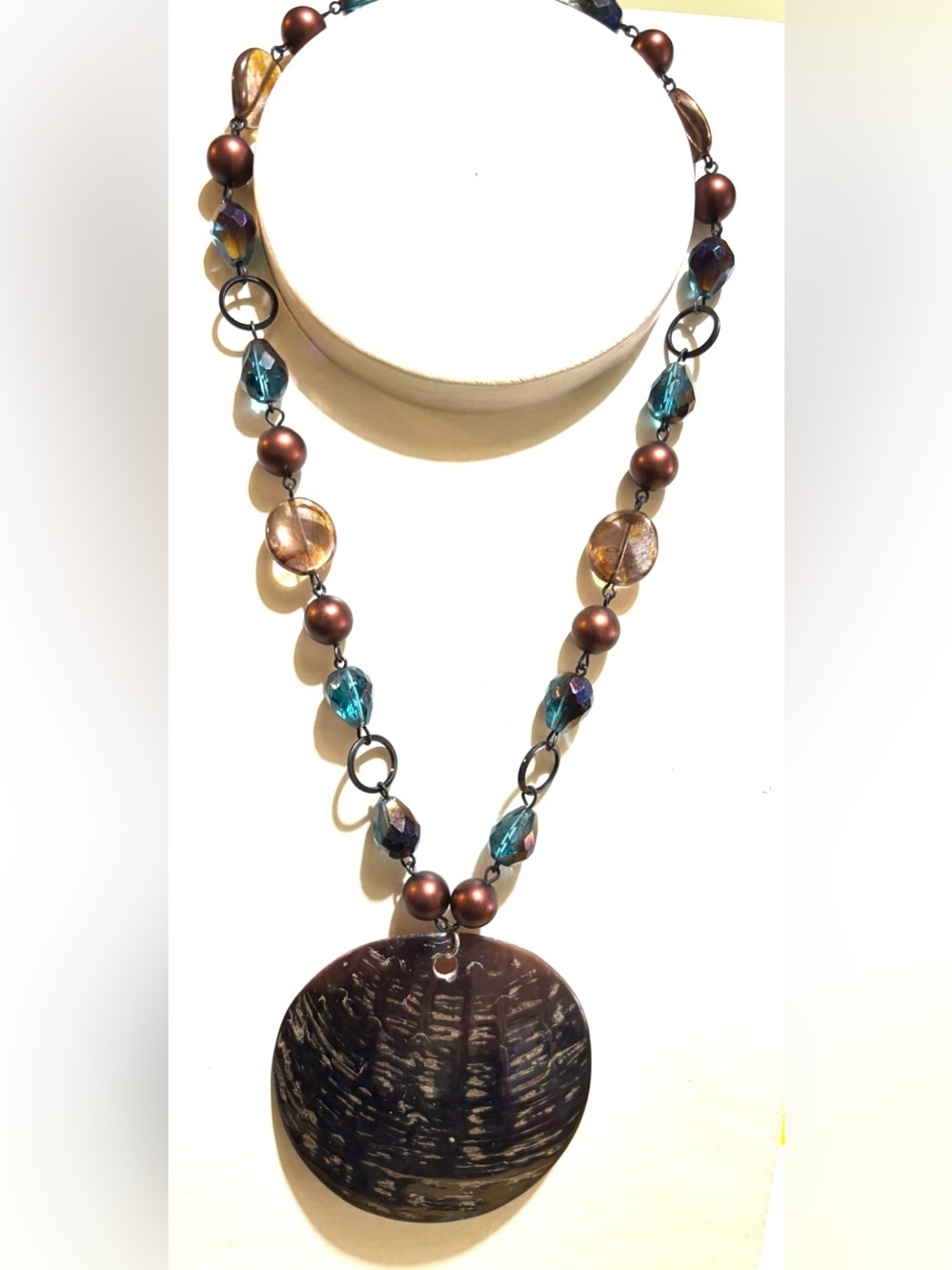 Teal and Bronze Beaded Pendant Necklace